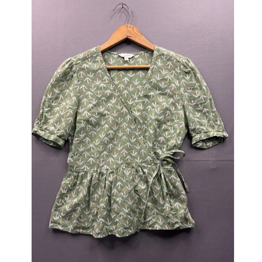Lucky Brand Wrap Peplum Top Women Green Botanical Leaf Print Short Sleeve XS